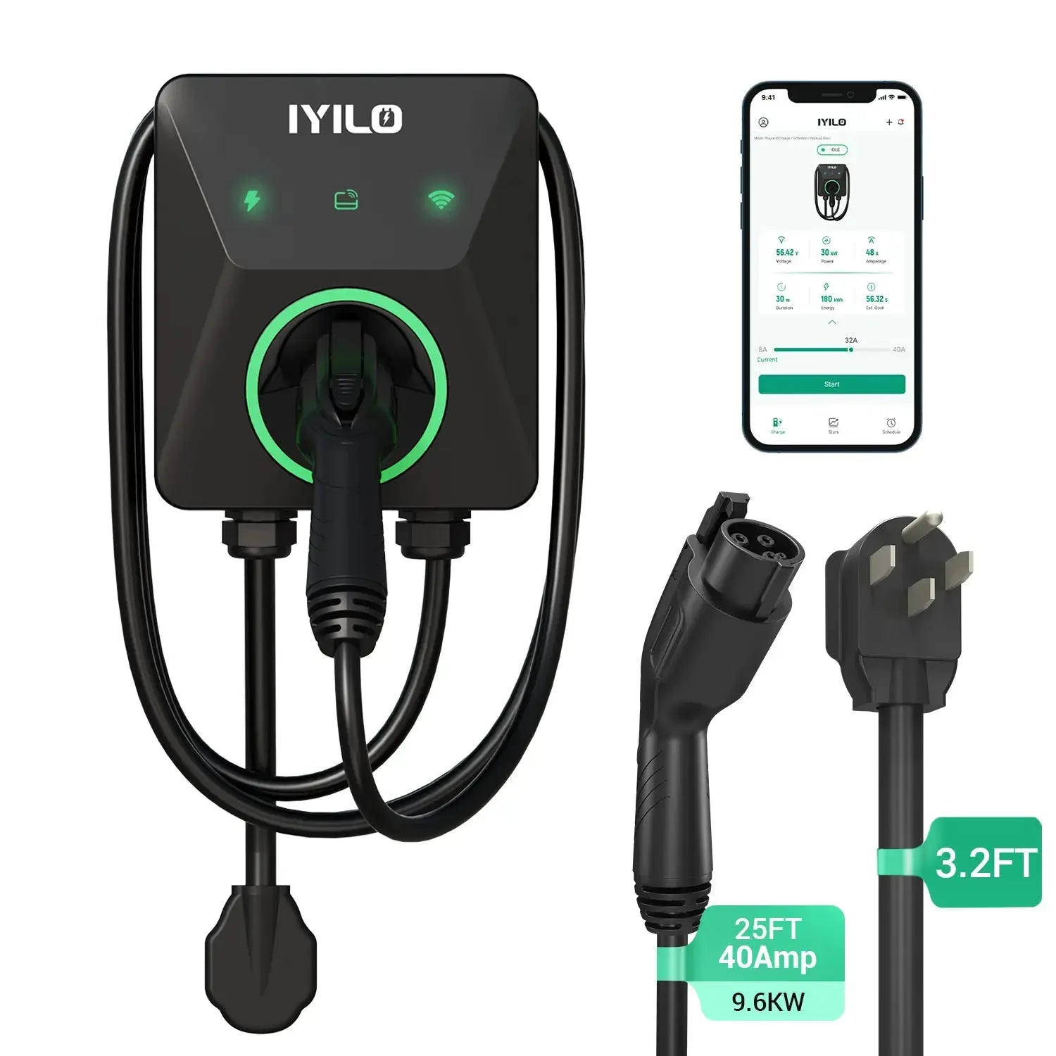 IYILO Level 2 EV Charger NEMA 14-50 J1772 Wall-mounted Plug In - 40A